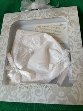 Stephen Baby White Christening Baptism Keepsake Bonnet Stitched Cross boy girl